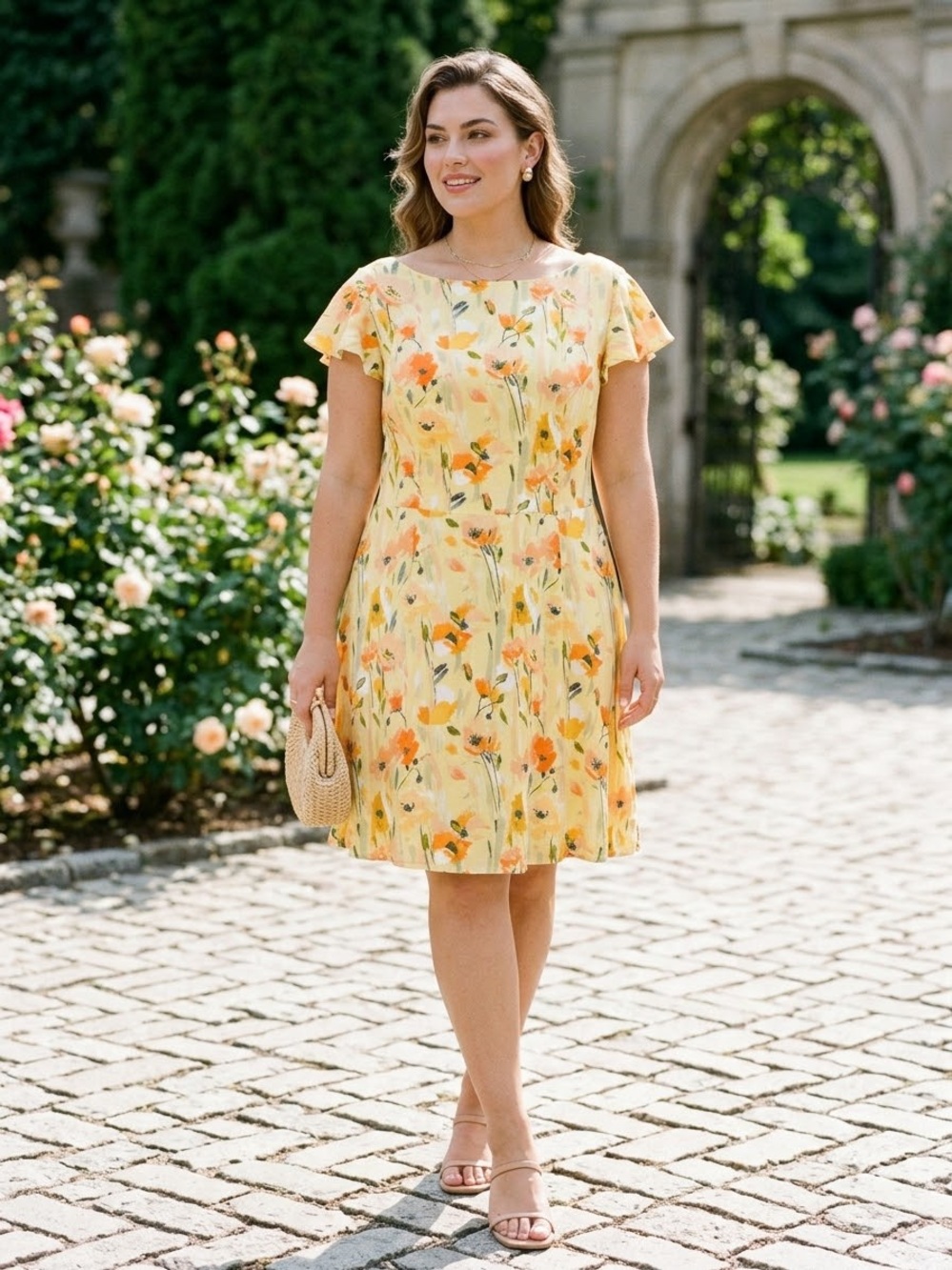Market & Spruce Yellow Floral Short-Sleeve Midi Dress